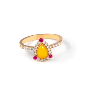 14K Gold Ring With Natural Ruby Pear Opal Cabochon